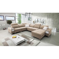 Sofá esquinero en forma de U Porto VIII con función de cama y puerto USB | Mueble en tela de terciopelo | Hidrófugo, Casablanca 