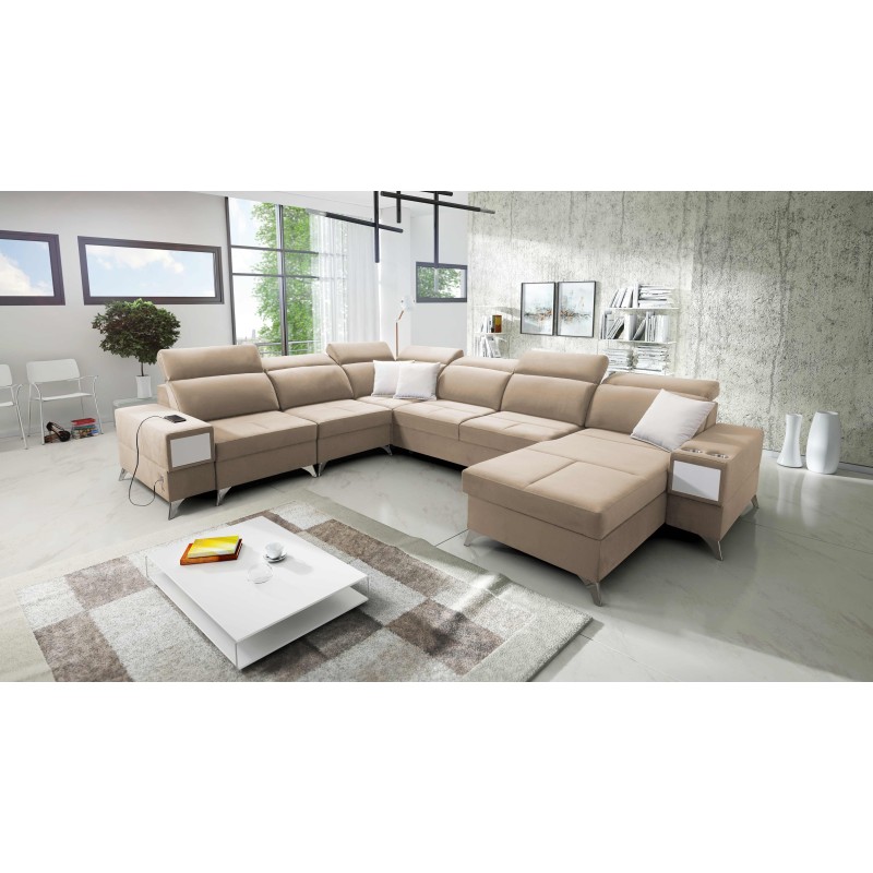 Sofá esquinero en forma de U Porto VIII con función de cama y puerto USB | Mueble en tela de terciopelo | Hidrófugo, Casablanca Sofá esquinero en forma de U Porto VIII con función de cama y puerto USB | Mueble en tela de terciopelo | Hidrófugo, Casablanca