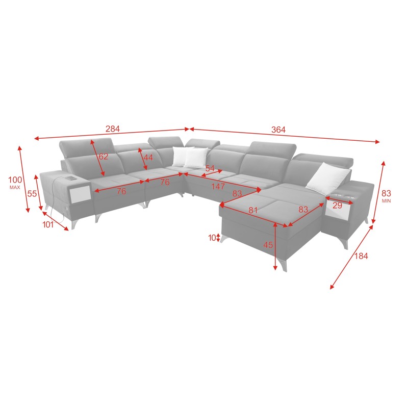 Sofá en forma de U Porto VIII con función de cama y puerto USB | Mueble en tela de terciopelo | Hidrofóbico, Casablanca 2316 Sofá en forma de U Porto VIII con función de cama y puerto USB | Mueble en tela de terciopelo | Hidrofóbico, Casablanca 2316