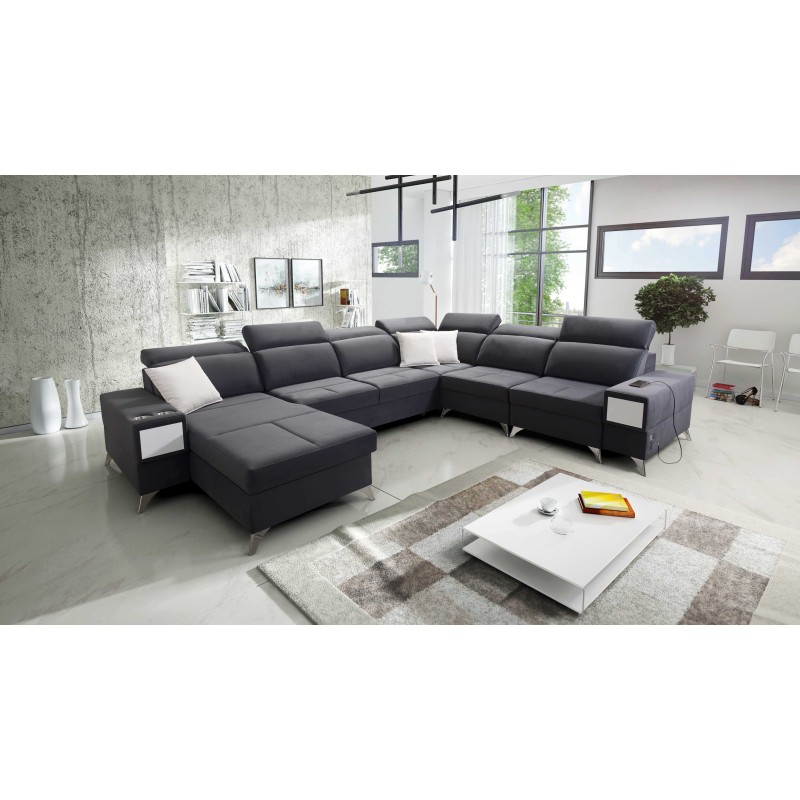 Sofá en forma de U Porto VIII con función de cama y puerto USB | Mueble en tela de terciopelo | Hidrófobo, Casablanca 2315 Sofá en forma de U Porto VIII con función de cama y puerto USB | Mueble en tela de terciopelo | Hidrófobo, Casablanca 2315