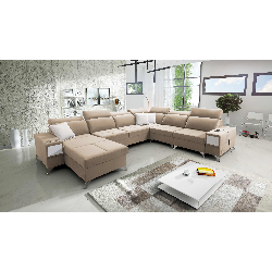 Sofá esquinero en forma de U Porto VIII con función de cama y puerto USB | Mueble en tela de terciopelo | Hidrófugo, Casablanca 