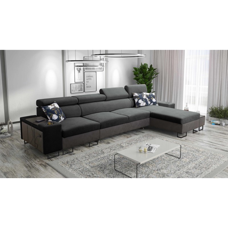 Prestige XII Maxi corner sofa with a sleeping function, USB port, in Soft to the touch fabric, Freya 210.24 + Tauro 8207 | Your 