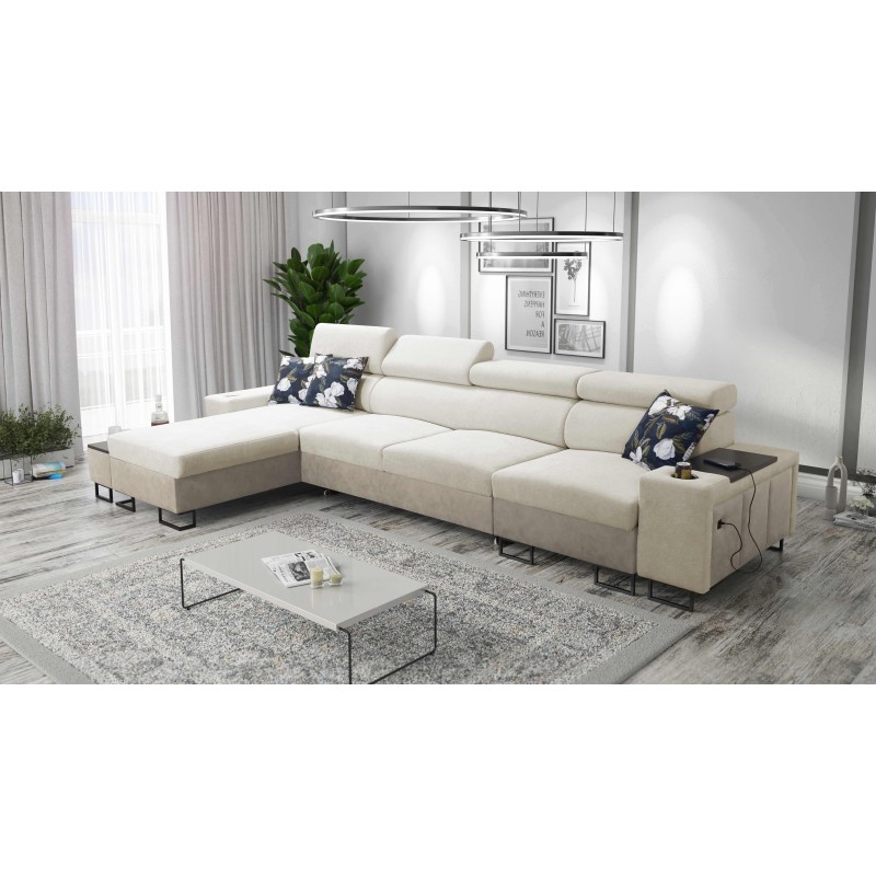 Prestige XII Maxi corner sofa with a sleeping function, USB port in Soft-to-touch fabric, Freya 210.02 + Tauro 8203 | Your livin