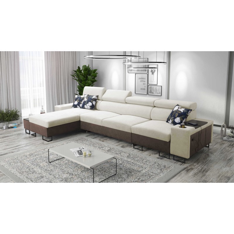 Prestige XII Maxi corner sofa with a sleeping function, USB port in Soft-touch fabric, Freya 210.02 + Tauro 8202 | Your living r