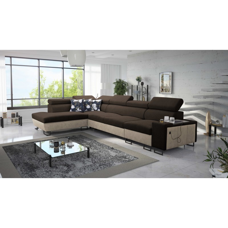 Prestige XI Mini corner sofa with sleeping function and USB port - Soft to the touch, Freya 210.08 + Tauro 8203