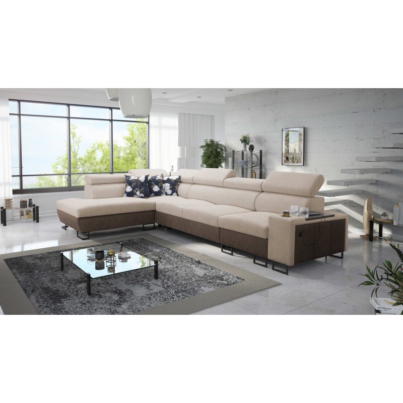 Prestige XI Mini corner sofa with a sleeping function and USB port - Soft to the touch, Freya 210.04 + Tauro 8202