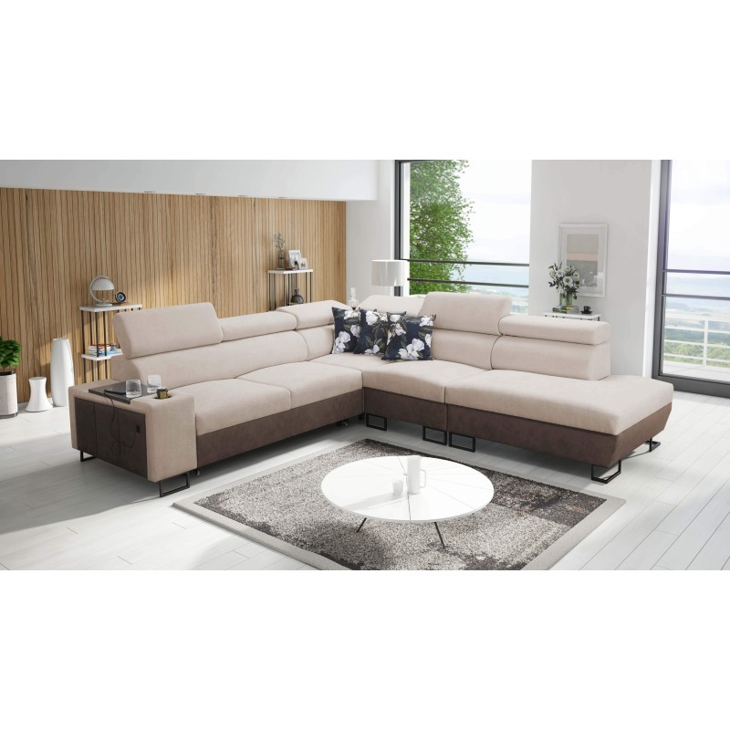 Prestige IX corner sofa with sleeping function and USB port - Soft to the touch, Freya 210.04 + Tauro 8202