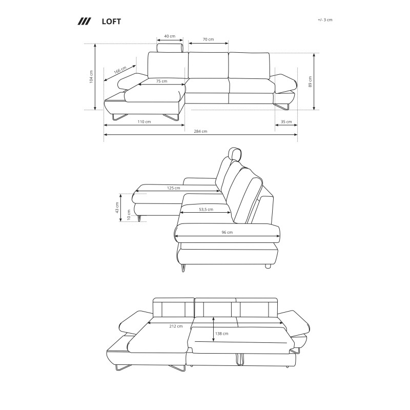 Narożnik LOFT z funkcją spania, regulowane zagłówki i podłokietniki, prawy, 284x96–166x89–104 cm, kolor zielony Narożnik LOFT z funkcją spania, regulowane zagłówki i podłokietniki, prawy, 284x96–166x89–104 cm, kolor zielony