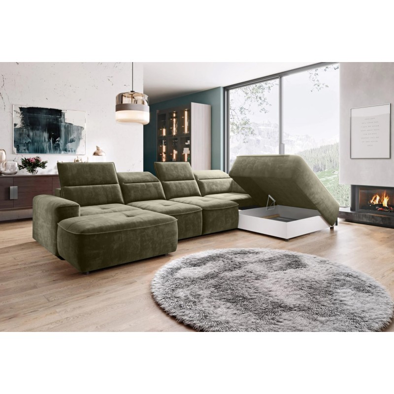 Narożnik COLOMBO XL Prawostronny z elektryczną funkcją spania pojemnikiem PALLADIUM 10 Zielony Narożnik COLOMBO XL Prawostronny z elektryczną funkcją spania pojemnikiem PALLADIUM 10 Zielony