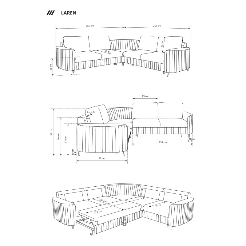 Narożnik LAREN nowoczesna sofa z funkcją spania, pojemnik na pościel, plastikowe nogi, prawa strona, CREMAL, 251x251x85 cm Narożnik LAREN nowoczesna sofa z funkcją spania, pojemnik na pościel, plastikowe nogi, prawa strona, CREMAL, 251x251x85 cm