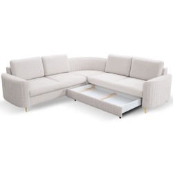 Narożnik LAREN nowoczesna sofa z funkcją spania, pojemnik na pościel, plastikowe nogi, prawa strona, ECRU, 251x251x85 cm Narożnik LAREN nowoczesna sofa z funkcją spania, pojemnik na pościel, plastikowe nogi, prawa strona, ECRU, 251x251x85 cm
