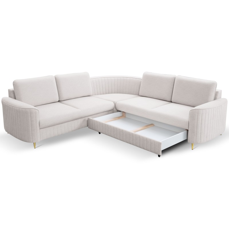 Narożnik LAREN nowoczesna sofa z funkcją spania, pojemnik na pościel, plastikowe nogi, prawa strona, ECRU, 251x251x85 cm Narożnik LAREN nowoczesna sofa z funkcją spania, pojemnik na pościel, plastikowe nogi, prawa strona, ECRU, 251x251x85 cm