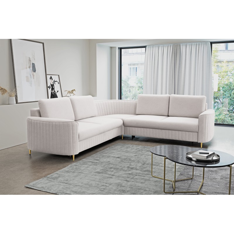 Narożnik LAREN nowoczesna sofa z funkcją spania, pojemnik na pościel, plastikowe nogi, prawa strona, ECRU, 251x251x85 cm Narożnik LAREN nowoczesna sofa z funkcją spania, pojemnik na pościel, plastikowe nogi, prawa strona, ECRU, 251x251x85 cm