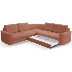 Narożnik LAREN nowoczesna sofa z funkcją spania, pojemnik na pościel, plastikowe nogi, prawa strona, PUDROWY RÓŻ, 251x251x85 cm Narożnik LAREN nowoczesna sofa z funkcją spania, pojemnik na pościel, plastikowe nogi, prawa strona, PUDROWY RÓŻ, 251x251x85 cm