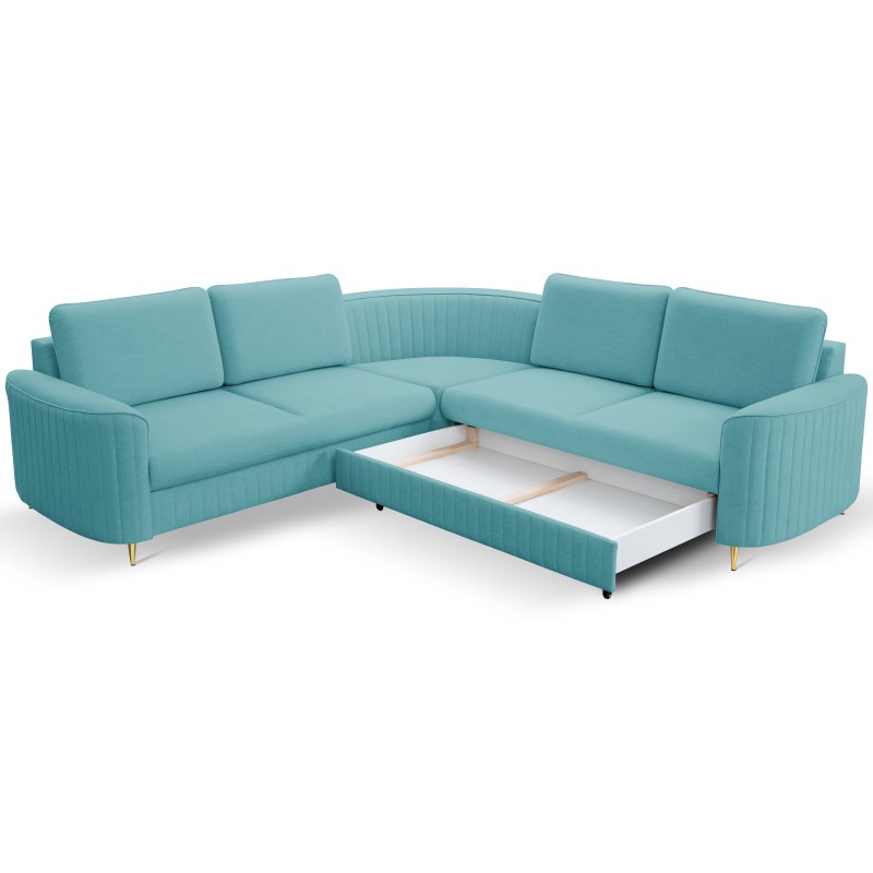 Narożnik LAREN nowoczesna sofa z funkcją spania, pojemnik na pościel, plastikowe nogi, prawa strona, TURKUSOWY, 251x251x85 cm Narożnik LAREN nowoczesna sofa z funkcją spania, pojemnik na pościel, plastikowe nogi, prawa strona, TURKUSOWY, 251x251x85 cm