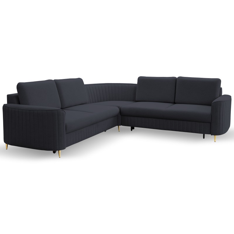 Narożnik LAREN nowoczesna sofa z funkcją spania, pojemnik na pościel, plastikowe nogi, prawa strona, GRANATOWY, 251x251x85 cm