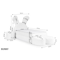 Łóżko dziecience króliczek z pojemnikiem na pościel, Pufy oraz stoliczek w tkaninie Bunny 203.08 Łóżko dziecience króliczek z pojemnikiem na pościel, Pufy oraz stoliczek w tkaninie Bunny 203.08
