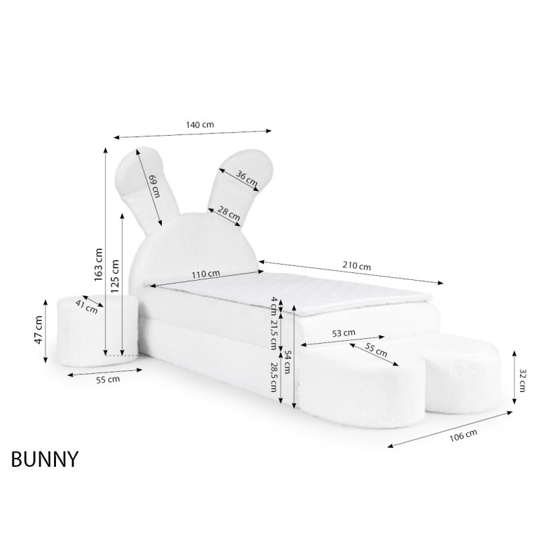 Łóżko dziecience króliczek z pojemnikiem na pościel, Pufy oraz stoliczek w tkaninie Bunny 203.08 Łóżko dziecience króliczek z pojemnikiem na pościel, Pufy oraz stoliczek w tkaninie Bunny 203.08