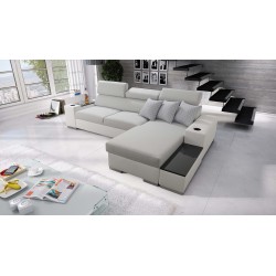 Narożnik Napoli I mini z funkcją spania oraz otwieranym barkiem Tkanina Luxo 6601 + Ecoskóra