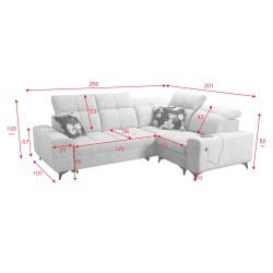 Narożnik Ascot II z funkcją spania, portem USB i regulowanymi zagłówkami Welur, Wave 12 | Twoja marka mebli