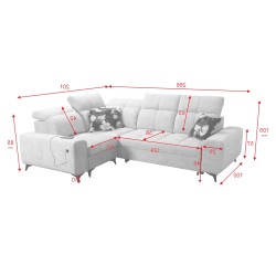 Narożnik Ascot II z funkcją spania, portem usb i regulowane zagłówki tkanina Wave 1