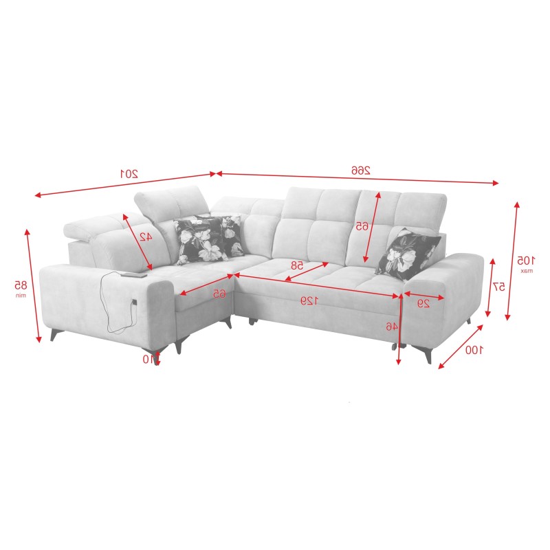 Narożnik Ascot II z funkcją spania, portem usb i regulowane zagłówki tkanina Wave 14