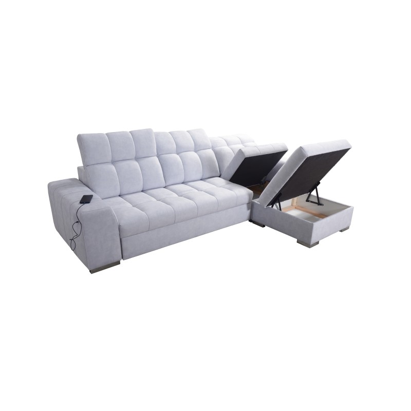 Narożnik Prisma I z funkcją spania, portem usb oraz pojemnikiem na pościel tkanina Terra 99 + Ecoskóra czarna