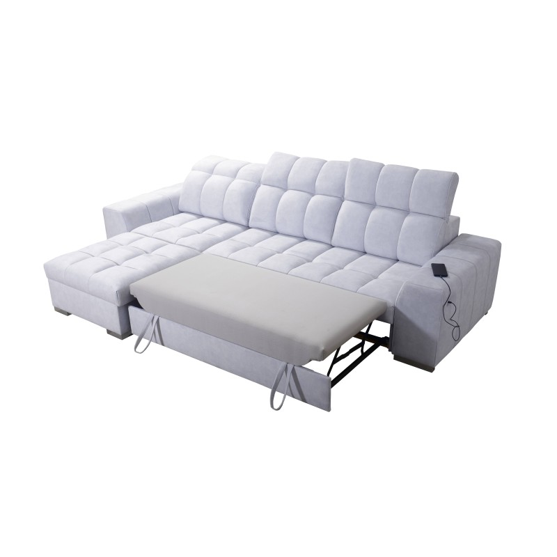 Narożnik Prisma I z funkcją spania, portem usb oraz pojemnikiem na pościel tkanina Terra 06 + Ecoskóra czarna