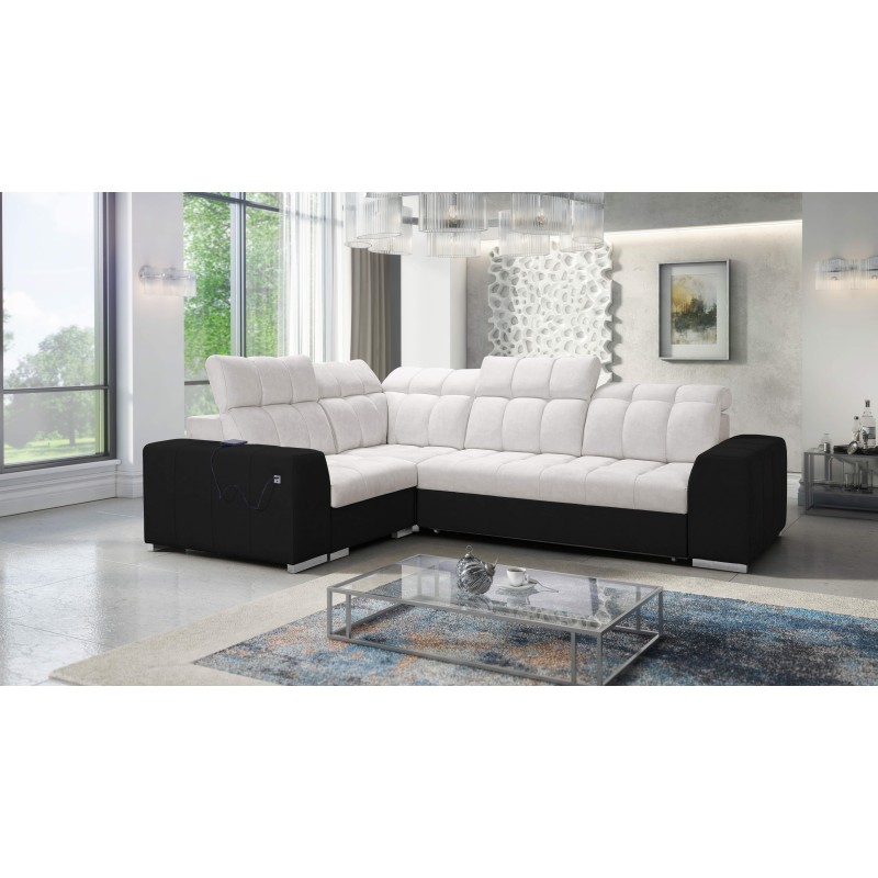 Narożnik Prisma II z funkcją spania w tkaninie Velvet | Pet friendly, Terra 06 + Ecoskóra czarna | Twoje idealne miejsce do rela