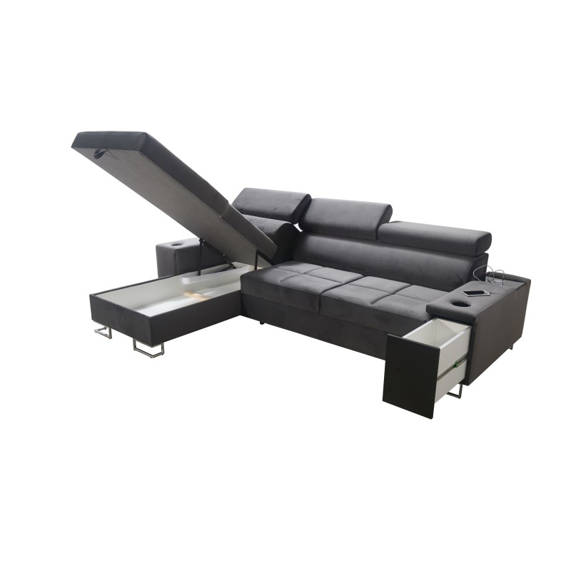 Narożnik Orbix I mini z funkcją spania, regulowane zagłówki,port usb oraz pojemnik na pościel tkanina Sawana 84