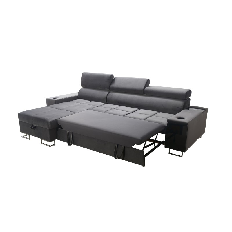 Narożnik Orbix I mini z funkcją spania, regulowane zagłówki,port usb oraz pojemnik na pościel tkanina Sawana 84