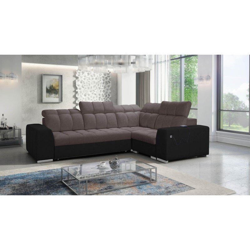 Prisma II corner sofa with a sleeping function in Velvet fabric | Pet friendly, Terra 26 + Black Eco-leather | Your ideal place Prisma II corner sofa with a sleeping function in Velvet fabric | Pet friendly, Terra 26 + Black Eco-leather | Your ideal place
