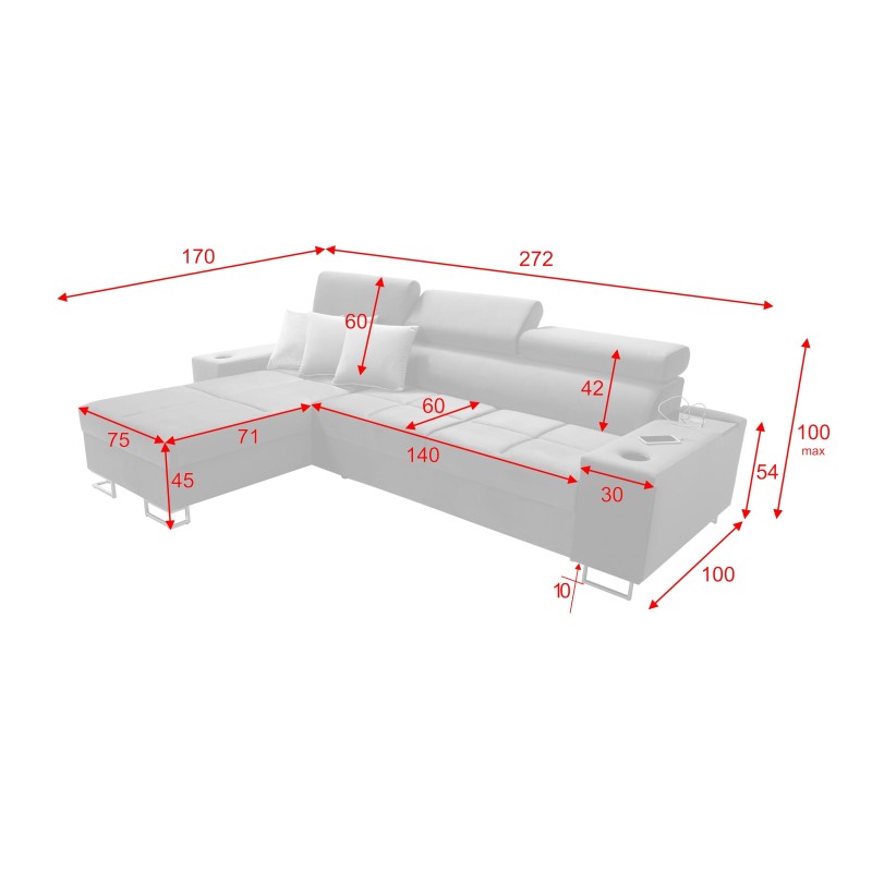Narożnik Orbix I mini z funkcją spania, regulowane zagłówki,port usb oraz pojemnik na pościel tkanina Sawana 84