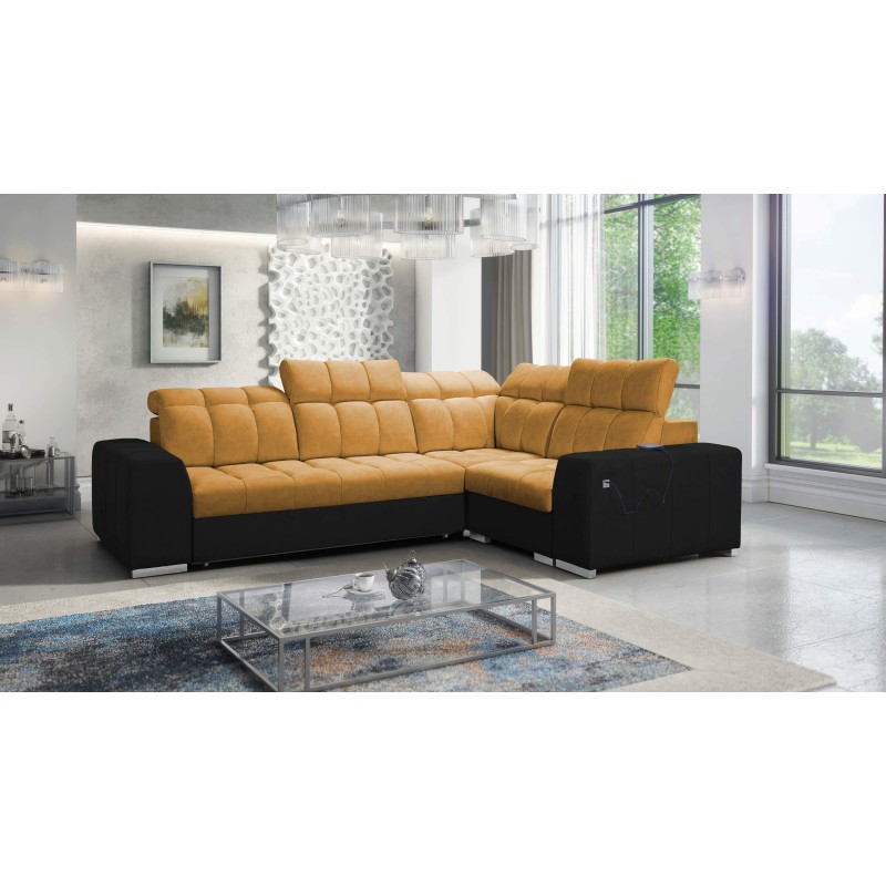 Prisma II corner sofa with sleeping function in Velvet fabric | Pet friendly, Terra 48 + Black Eco-leather | Your perfect place Prisma II corner sofa with sleeping function in Velvet fabric | Pet friendly, Terra 48 + Black Eco-leather | Your perfect place