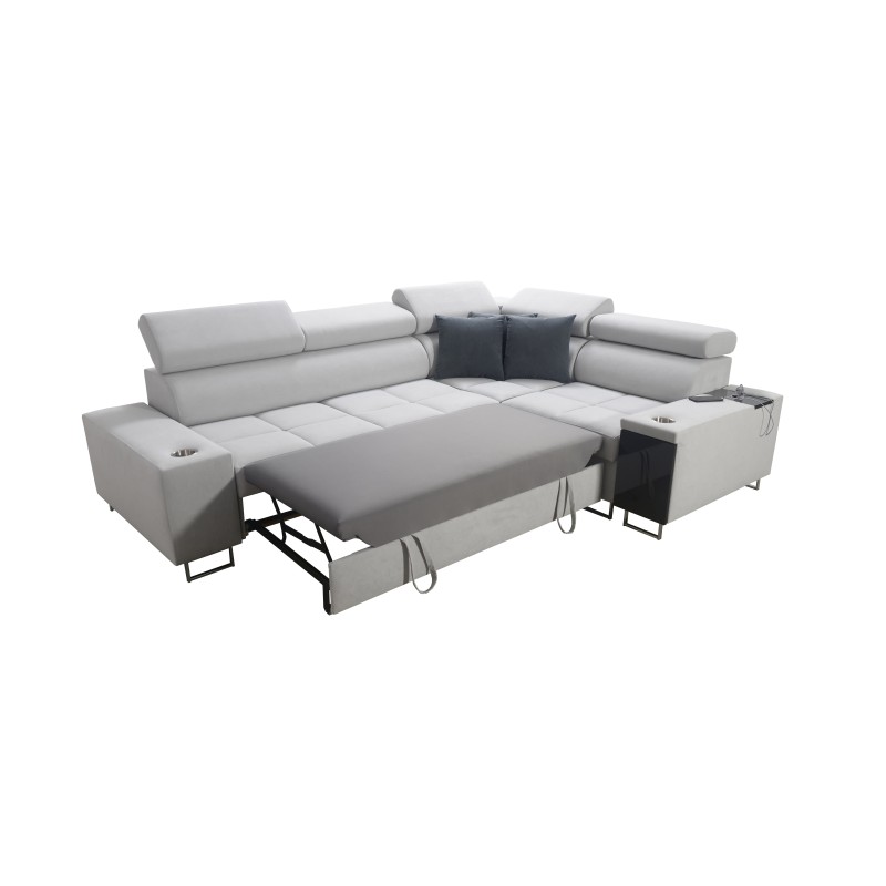 Narożnik Orbix II z funkcją spania, regulowane zagłówki,port usb oraz pojemnik na pościel tkanina Ultario Velvet 2961