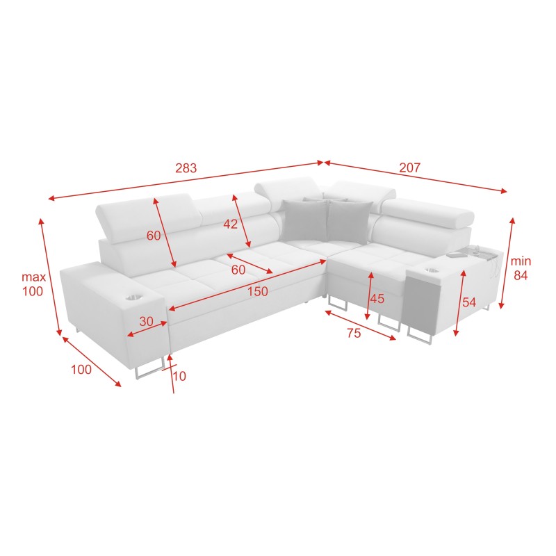 Narożnik Orbix II z funkcją spania, regulowane zagłówki,port usb oraz pojemnik na pościel tkanina Ultario Velvet 2961