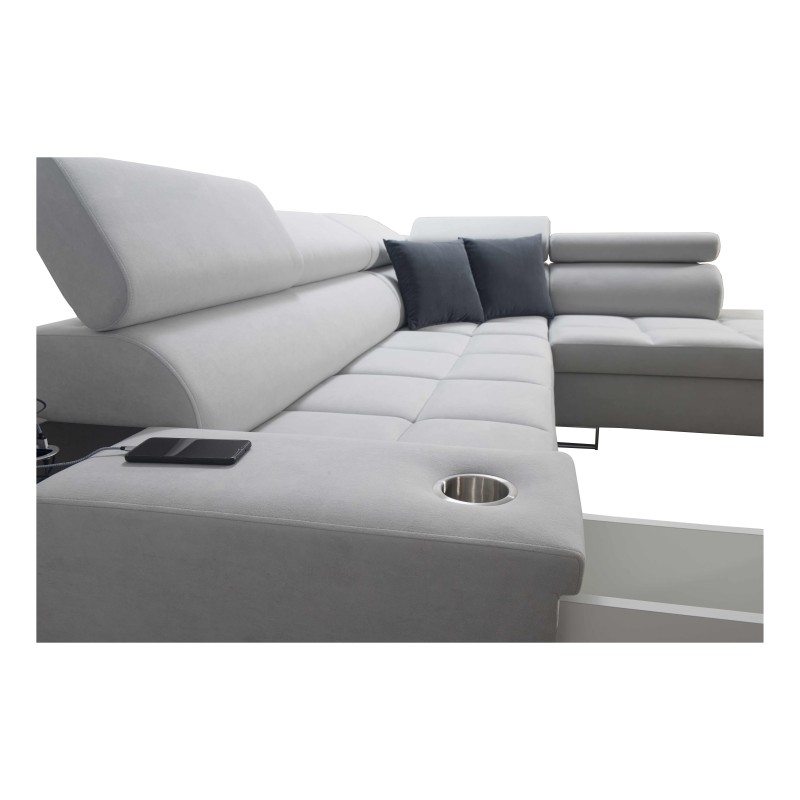 Narożnik Orbix VII z funkcją spania, regulowane zagłówki,port usb oraz pojemnik na pościel tkanina Sawana 84