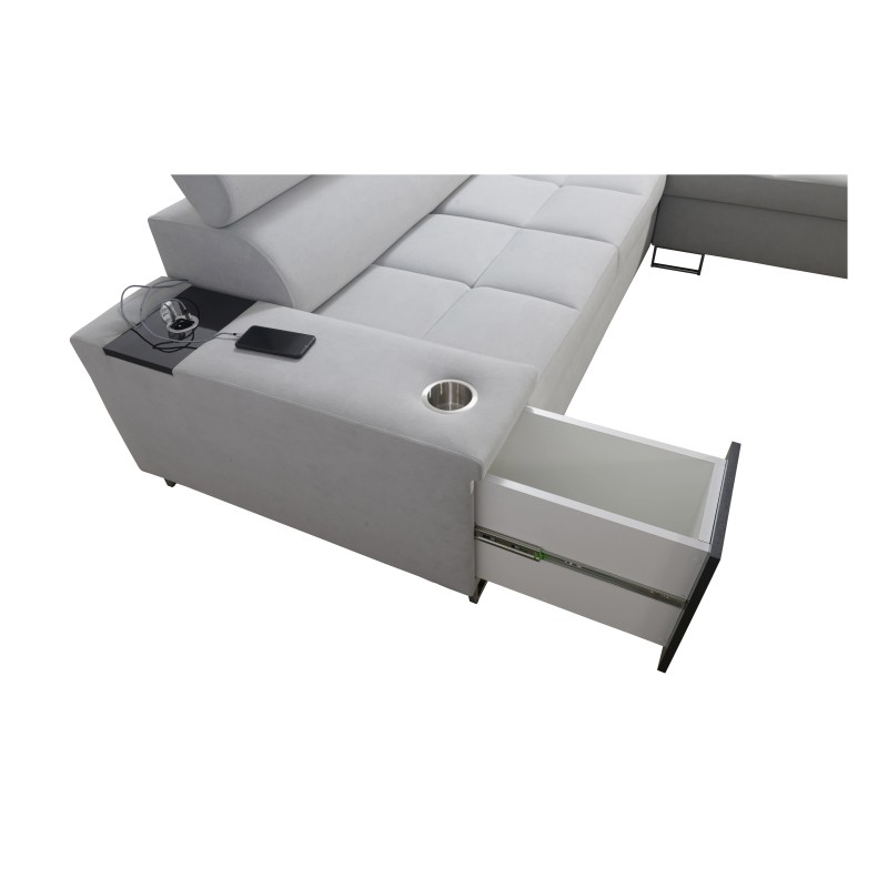 Narożnik Orbix VII z funkcją spania, regulowane zagłówki,port usb oraz pojemnik na pościel tkanina Sawana 84