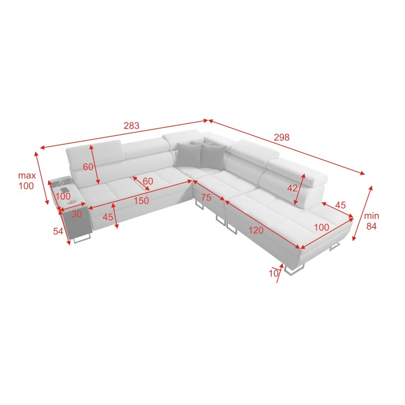 Narożnik Orbix IX z funkcją spania, regulowane zagłówki,port usb oraz pojemnik na pościel tkanina Sawana 72