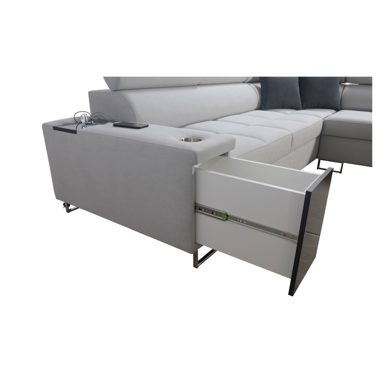 Narożnik Orbix IX z funkcją spania, regulowane zagłówki,port usb oraz pojemnik na pościel tkanina Sawana 72