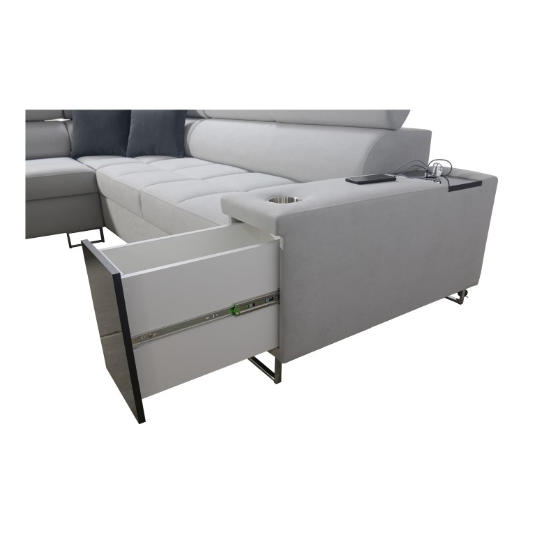 Narożnik Orbix IX z funkcją spania, regulowane zagłówki,port usb oraz pojemnik na pościel tkanina Sawana 61