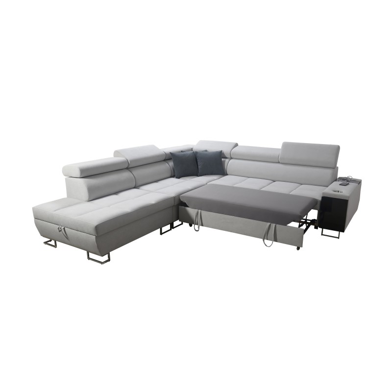 Narożnik Orbix IX z funkcją spania, regulowane zagłówki,port usb oraz pojemnik na pościel tkanina Ultario Velvet 2961