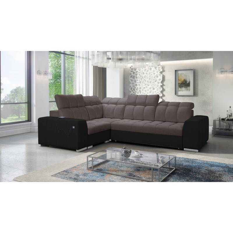 Prisma II corner sofa with a sleeping function in Velvet fabric | Pet friendly, Terra 26 + Black Eco-leather | Your ideal place Prisma II corner sofa with a sleeping function in Velvet fabric | Pet friendly, Terra 26 + Black Eco-leather | Your ideal place