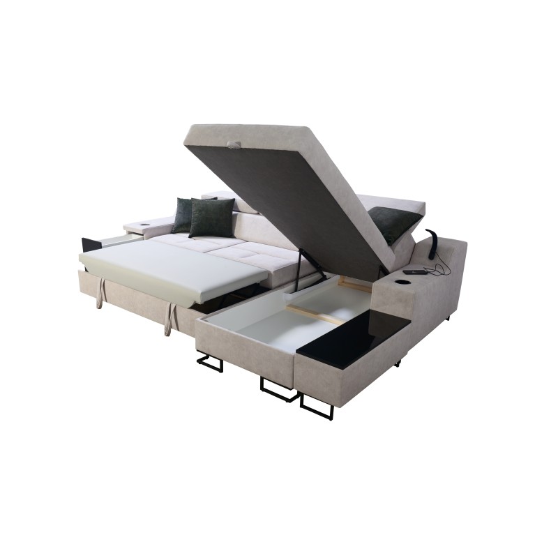 Narożnik Avanti I mini z funkcją spania oraz lampką z portem usb tkanina Whisper 3 + Ecoskóra czarna