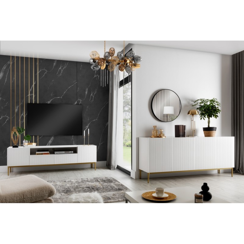 Komoda Nicole 200 cm na metalowych nogach - biały mat / złote nóżki Komoda Nicole 200 cm na metalowych nogach - biały mat / złote nóżki