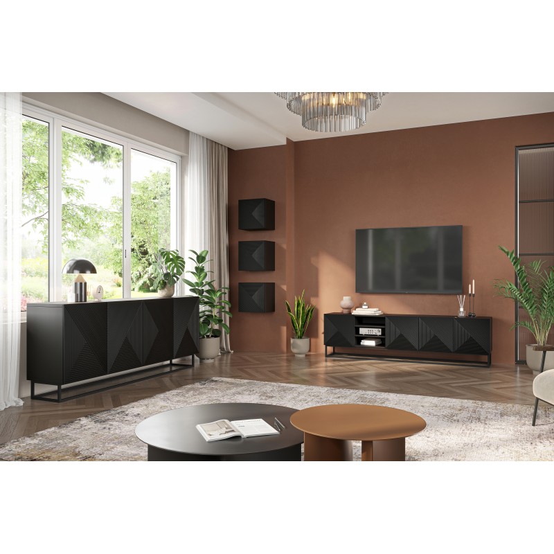 Szafka RTV Asha 200 cm - czarny mat, nowoczesny design Szafka RTV Asha 200 cm - czarny mat, nowoczesny design