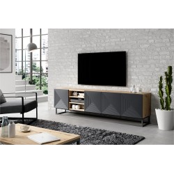 Szafka RTV Asha 200 cm z ryflowanym frontem, wnękami i metalowym stelażem - artisan / rivier stone mat Szafka RTV Asha 200 cm z ryflowanym frontem, wnękami i metalowym stelażem - artisan / rivier stone mat