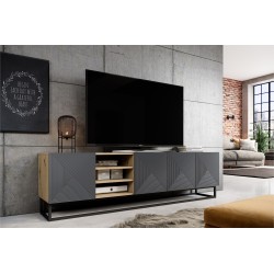 Szafka RTV Asha 200 cm z ryflowanym frontem, wnękami i metalowym stelażem - artisan / rivier stone mat Szafka RTV Asha 200 cm z ryflowanym frontem, wnękami i metalowym stelażem - artisan / rivier stone mat
