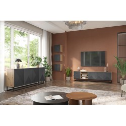 Szafka RTV Asha 200 cm z ryflowanym frontem, wnękami i metalowym stelażem - artisan / rivier stone mat Szafka RTV Asha 200 cm z ryflowanym frontem, wnękami i metalowym stelażem - artisan / rivier stone mat