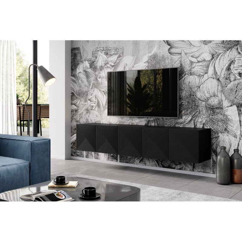 Szafka RTV Asha 200 cm - czarny mat, ryflowany front